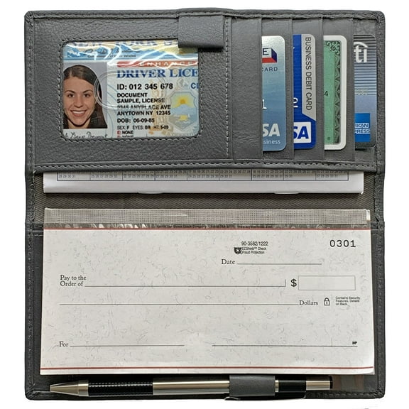 Grey RFID Leather Checkbook Cover with Credit Card Slots and Pen Holder