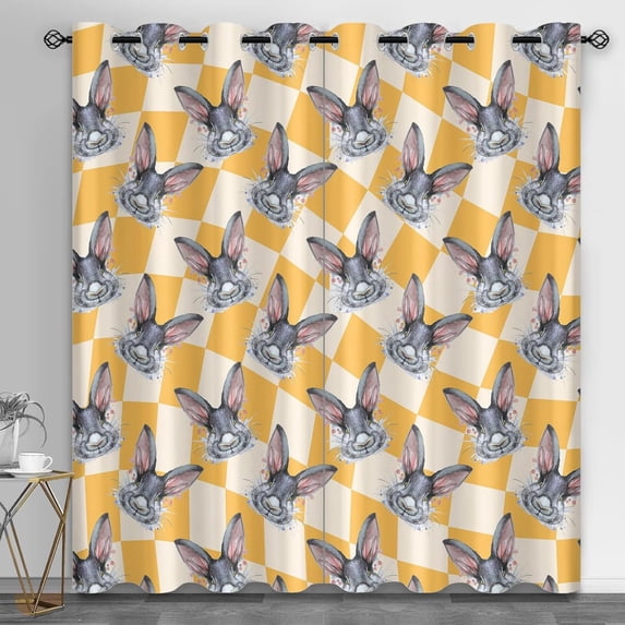 Grey Rabbit Curtains Cute Rabbit Grommet Curtain Drapes Wild Animal Window Drapes Yellow Grid Blackout Curtains For Living Room Bedroom 52"W x 90"L (Pack of 2)