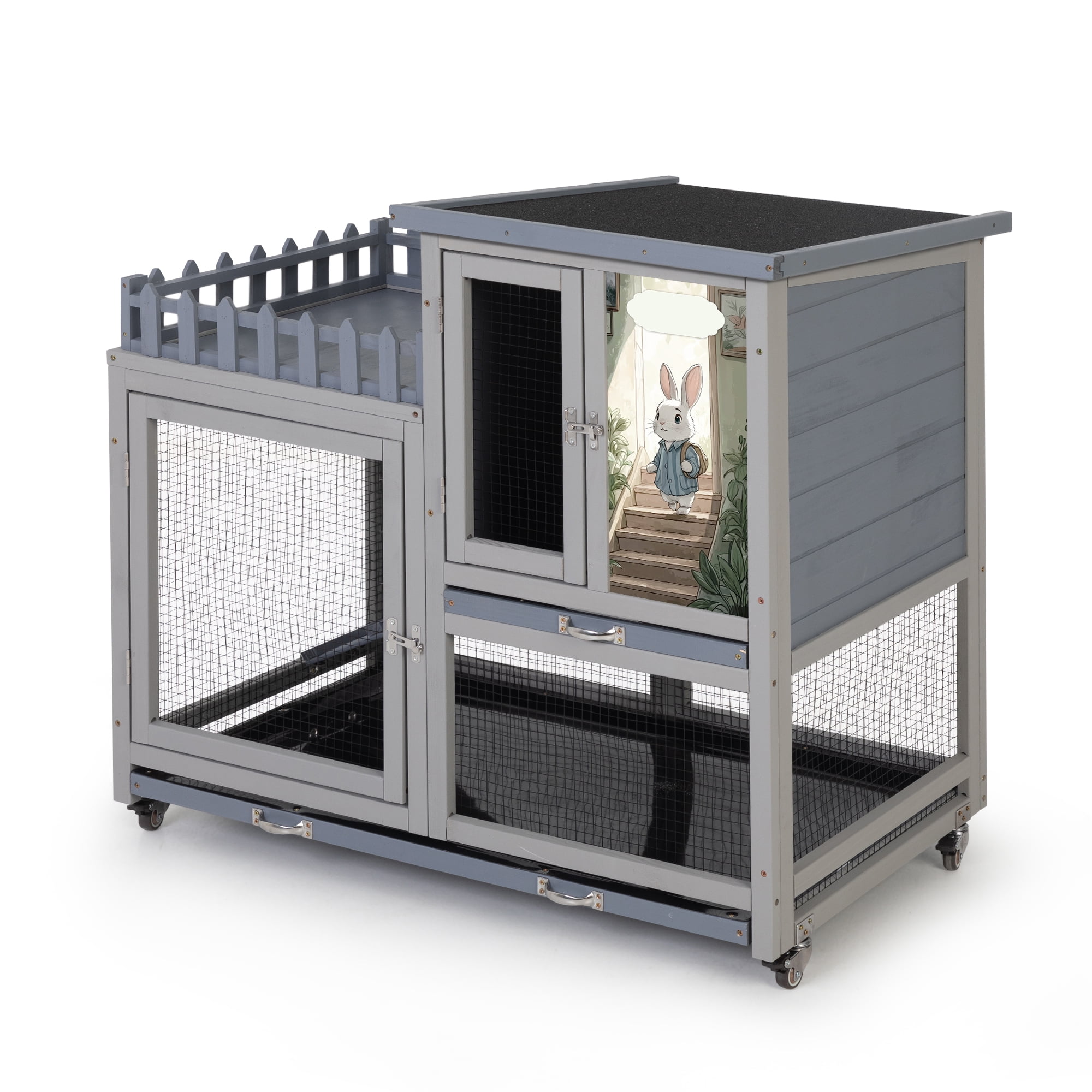 Grey Rabbit Hutch 2-Tier Wooden Bunny Cage with Wheels - Indoor/Outdoor Small Animal House for Rabbits, Guinea Pigs, Chinchillas - Waterproof Roof, Lockable Doors, Removable Tray & Ramp