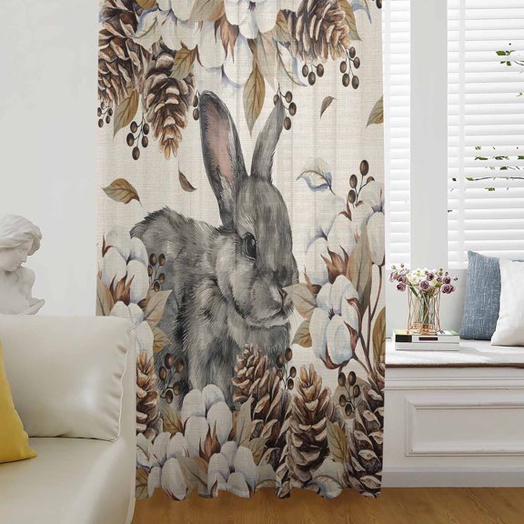Grey Rabbits Sheer Curtains 54 Inches Long for Living Room/Bedroom, Pine Cones Brown Plants Rustic Leaves Vintage Rod Pocket Voile Kitchen Curtains & Drapes Window Treatment 1 Panel, 52"W x 54"L
