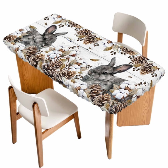 Grey Rabbits Table Cloths for 5 Foot Rectangle Tables, Pine Cones Brown Plants Farmhouse Wooden Patio Waterproof Elastic Fitted Tablecloths, Washable Rectangular Table Cover for Camping