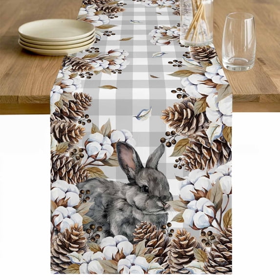 Grey Rabbits Table Runner - 36 Inch Long Pine Cones Brown Plants Grey Checkered Farmhouse Cotton and Linen Blended Dress Scarves Farmhouse Table Runner for Kitchen Dining, Coffee Table, 13" x 36"