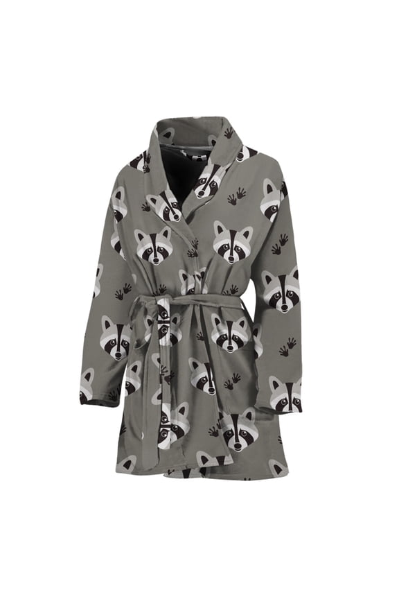 Grey Raccoon Pattern Women Bathrobe One Size Univeral Fits, Raccoon Wide Animal Fashion Lightweight Plush Fleece Long Robe For Women