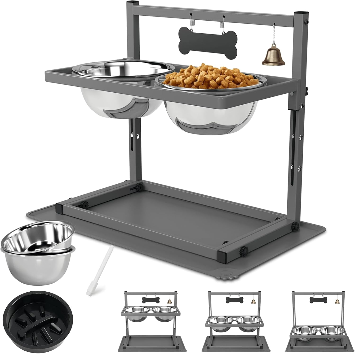 Grey Raised Dog Bowl Stand with Two 1700ml Stainless Steel Food Bowl, a Slow Feeder and Silicone Pet Feeding Mat, Adjustable Dog Feeder, Elevated Dog Bowls for Large Medium and Small Dogs