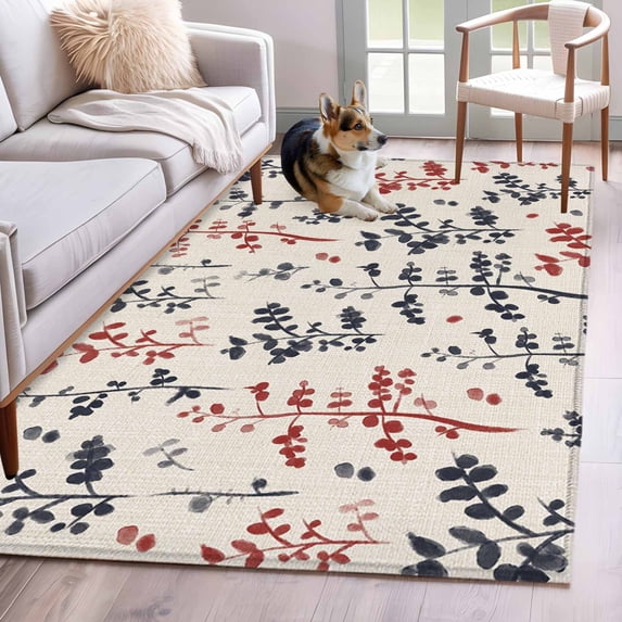 Grey Red Botanical Area Rugs 3'x5', Small Throw Rugs for Living Room Bedroom, Rustic Country Spring Floral Summer Leaf Indoor Outdoor Rug Non-Slip Low Pile Carpet Runner Reversible Floor Mats