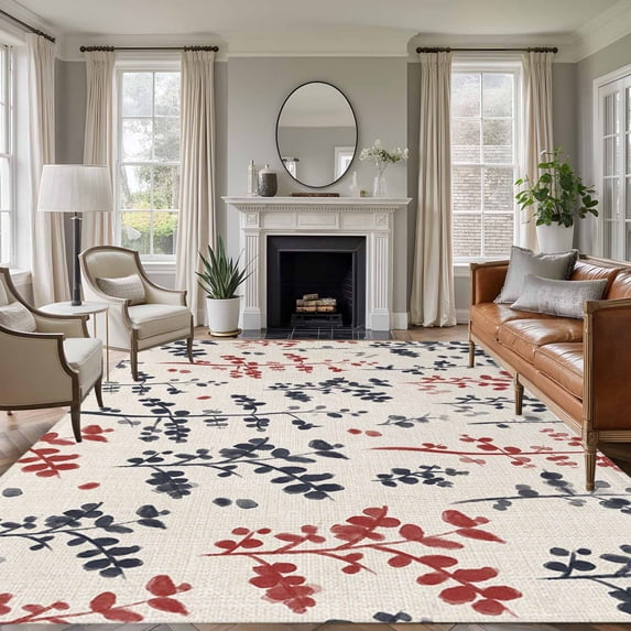 Grey Red Botanical Area Rugs 5'x7', Small Throw Rugs for Laundry Room Playroom, Rustic Country Spring Floral Summer Leaf Indoor Outdoor Rug Non-Slip Low Pile Carpet Runner Reversible Floor Mats