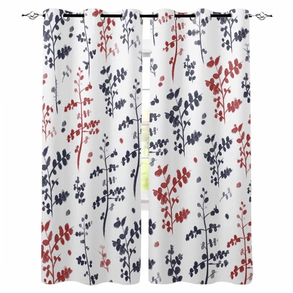 Grey Red Botanical Blackout Curtains for Bedroom - 84 Inch Long Light Blocking 2 Panels Set, Watercolor Spring Floral Summer Leaf Thermal Insulated Living Room Drapes Grommet Window Curtains 52"x84"
