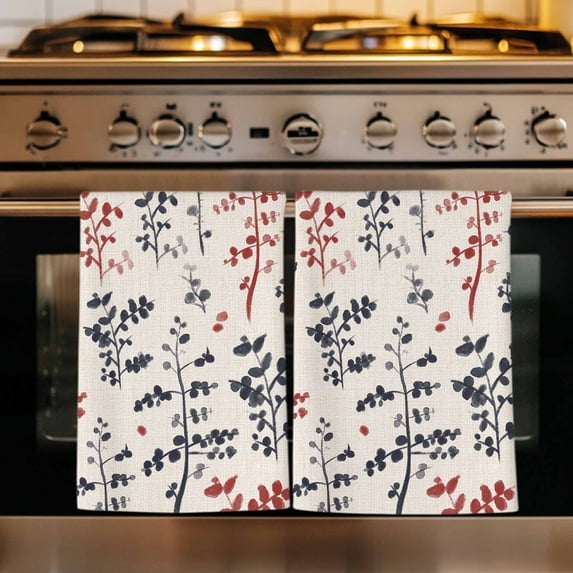 Grey Red Botanical Kitchen Towels Set of 4, Rustic Country Spring Floral Summer Leaf Absorbent Dish Towels for Kitchen, Microfiber Hand Towel, Quick Drying Tea Towel for Cleaning Dishcloths
