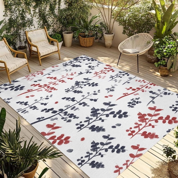 Grey Red Botanical Outdoor Rug for Patio/Deck/Porch, Non-Slip Large Area Rug 5 x 8 Ft, Watercolor Spring Floral Summer Leaf Indoor Outdoor Rugs Washable Area Rugs, Camping Rug Carpet Runner