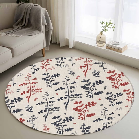 Grey Red Botanical Round Area Rug 3.3Ft Washable Circle Rugs for Dining Room Table, Rustic Country Spring Floral Summer Leaf Non-Slip Carpet Floor Mats Indoor Outdoor Carpet Runner Home Decor