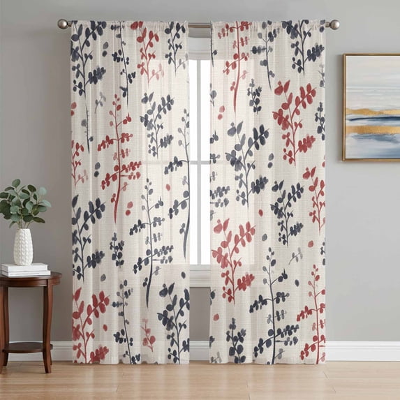 Grey Red Botanical Sheer Curtains 108 Inch Length 2 Panels Set Window Treatments, Rustic Country Spring Floral Summer Leaf Rod Pocket Semi Curtains for Living Room/Bedroom/Kitchen, 104"W x 108"L