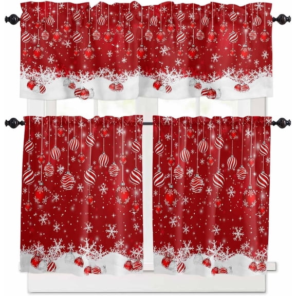 Grey Red Christmas Balls Kitchen Curtains Sets for Windows 24 Inch Length, Xmas Snowflake Rod Pocket Window Treatments Tier Curtains and Valances Set for Bedroom/Bathroom