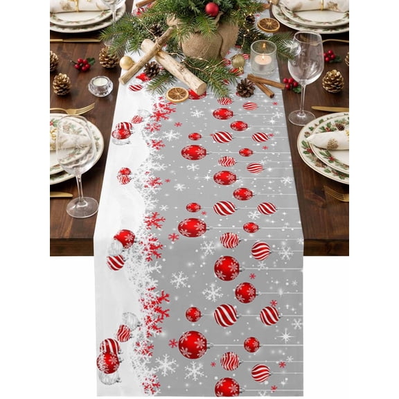 Grey Red Christmas Balls Table Runner 36 Inches Long, Xmas Snowflake Cotton Linen Dining Table Runner Dresser Scarves for Home Kitchen Party Decor 13"x36"