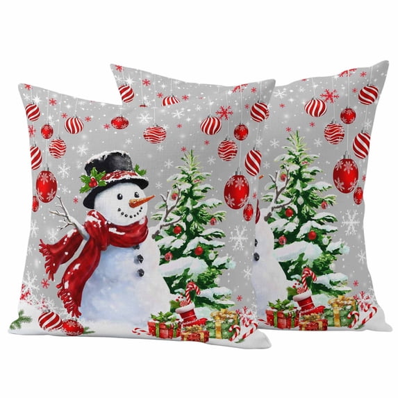 Grey Red Christmas Outdoor Waterproof Pillow Covers, Snowman Xmas Tree Ball Gifts Winter Decorative Square Throw Pillowcase Sofa Cushion Sham for Patio/Couch/Chair, 20"x20" 2 Pack