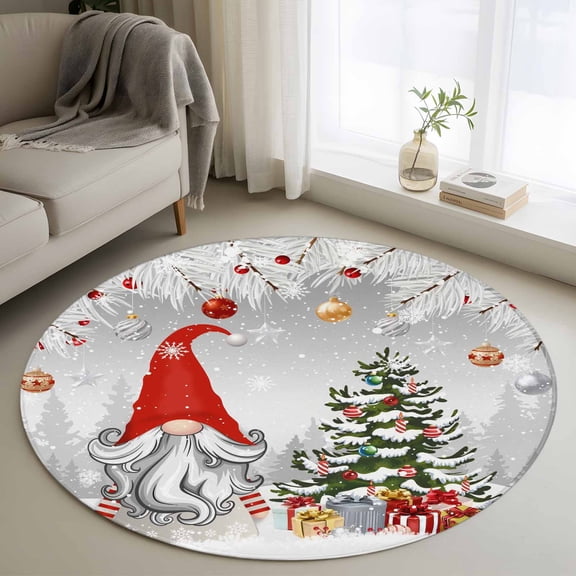 Grey Red Christmas Round Area Rug 3 FT,Small Kitchen Bathroom Mat,Snowflake Gnomes Xmas Tree Winter Gifts Washable Indoor Outdoor Throw Runner Carpet Doormat for Table Shower Sofa Entryway