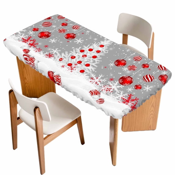 Grey Red Christmas Table Cloths for 3 Foot Rectangle Tables, Xmas Tree Snowflake Winter Patio Waterproof Elastic Fitted Tablecloths, Washable Rectangular Table Cover for Camping
