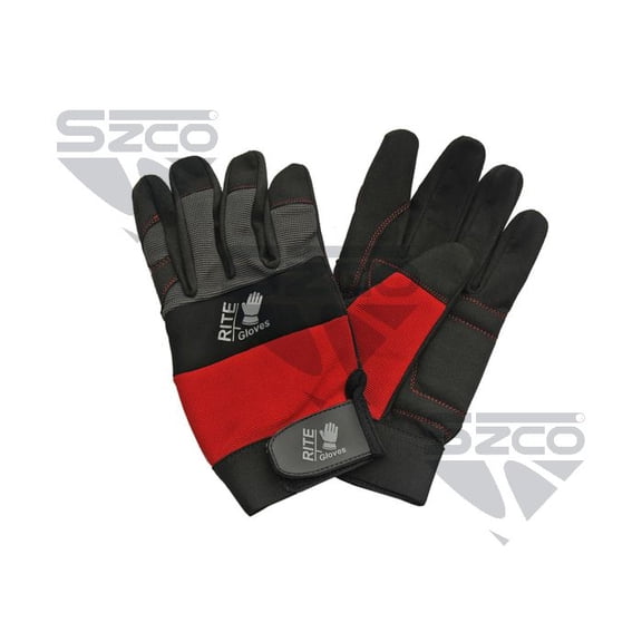 Grey/Red Medium Work Gloves with Padded Synthetic Leather Palm, Neoprene Knuckle Protection & Secure Wrist Closure