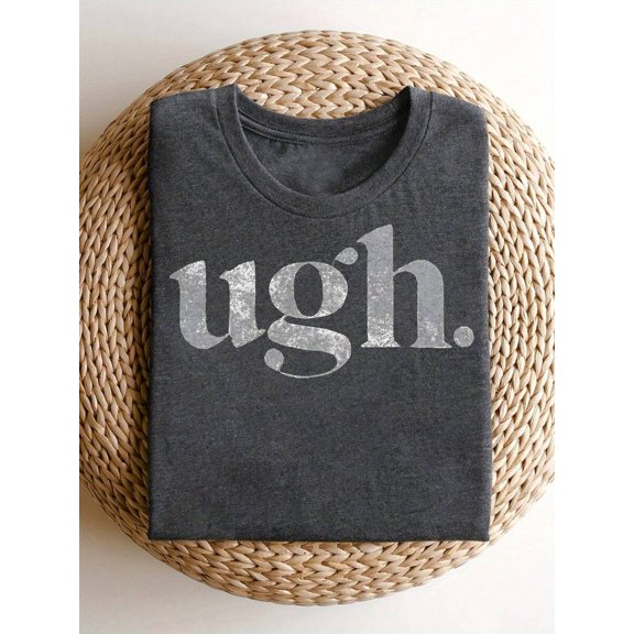 Grey Relaxed-Fit Graphic T-Shirt With Distressed Ugh. Print