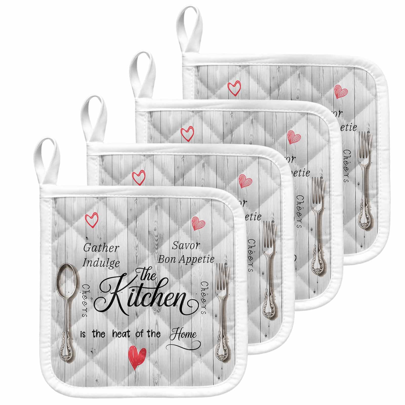 Grey Retro Art Pot Holders for Kitchen Heatproof Potholder, 4 Pack Spoon Fork Vintage Farmhouse Wooden Hot Pads Multipurpose Oven Pads Cloth Potholders Trivet for Cooking and Baking