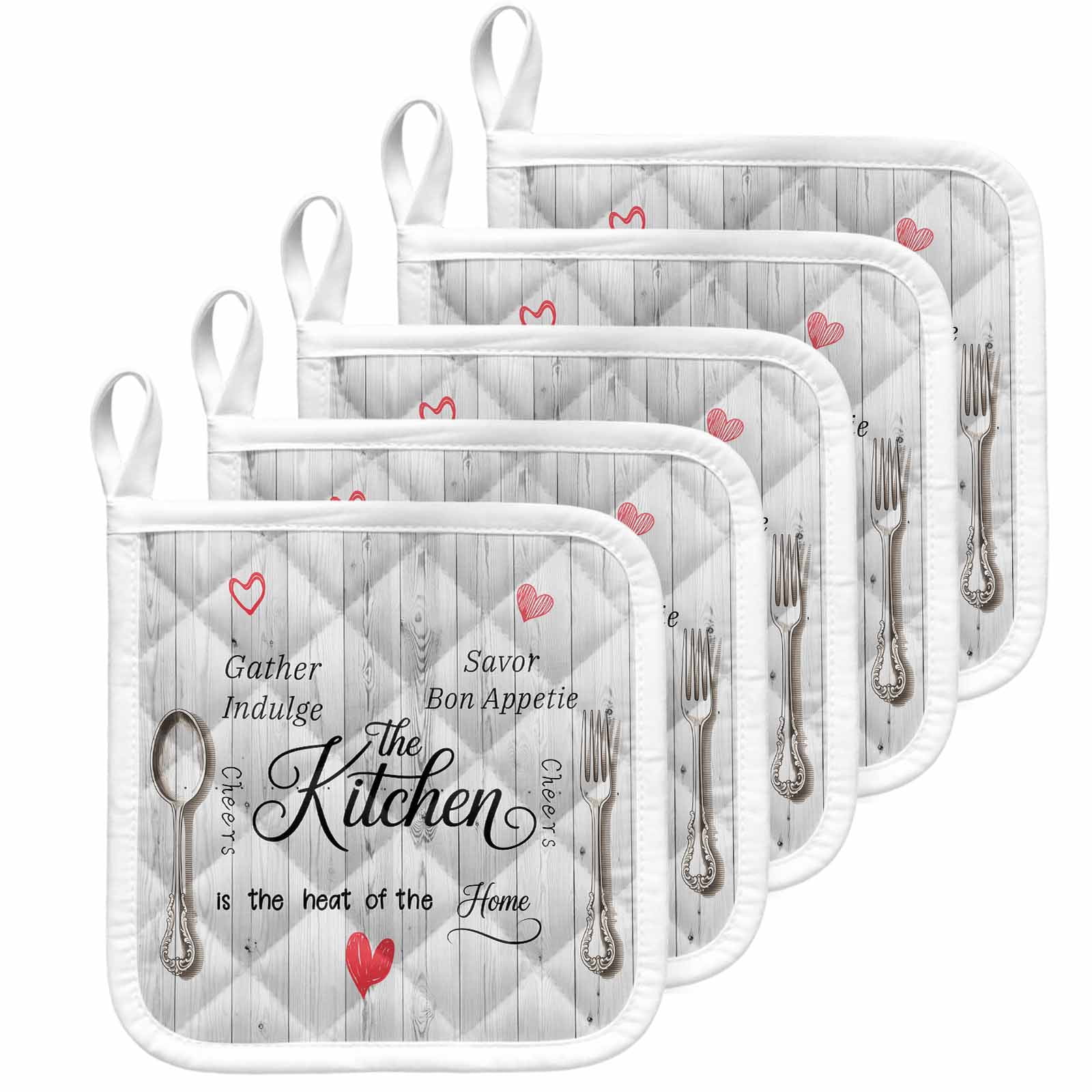 Grey Retro Art Pot Holders for Kitchen Heatproof Potholder, 5 Pack Spoon Fork Vintage Farmhouse Wooden Hot Pads Multipurpose Oven Pads Cloth Potholders Trivet for Cooking Baking