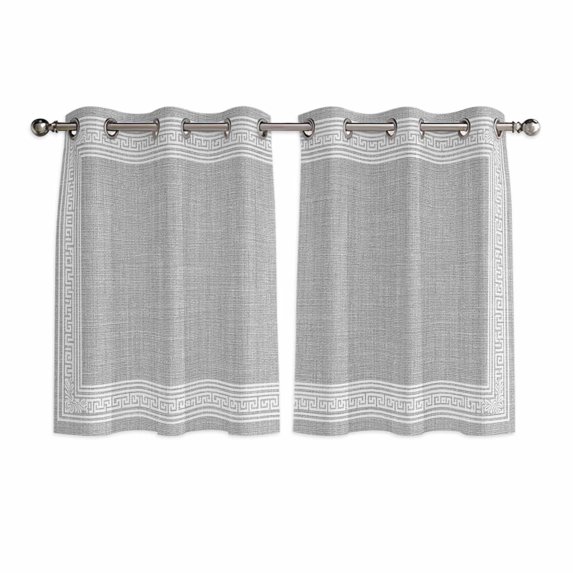 Grey Retro Greek Key Kitchen Curtains Short 45 Inch Length, Geometric Greece Ancient Rustic Grommet Top Bedroom Living Room Curtains, Light Filtering Cafe Curtain Drapes 2 Panels Set 84''x45''