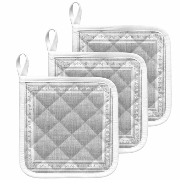 Grey Retro Greek Key Pot Holders for Kitchen Heatproof Potholder, 3 Pack Geometric Greece Ancient Rustic Hot Pads Multipurpose Oven Pads Cloth Potholders Trivet for Cooking Baking