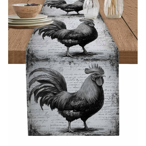 Grey Retro Rooster Table Runner 72 Inches, Farmhouse Vintage Country Animal Bed Runner Dresser Scarves Tabletop for Indoor Outdoor Parties/Ceremony/Banquet, 18" x 72"