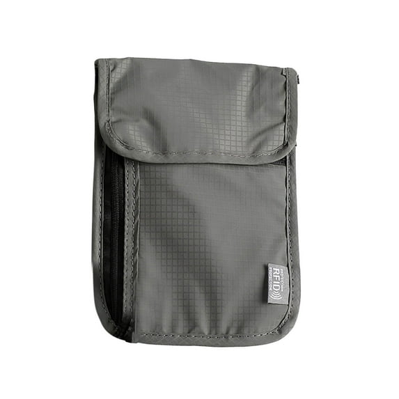 Grey Rfid Blocking Neck Pouch Id Card Holder Travel Document Organizer Bag Gray Anti Theft Nylon Material For Passport Credit Cards Money