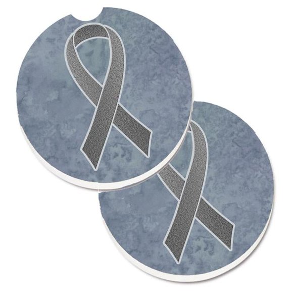 Grey Ribbon for Brain Cancer Awareness Set of 2 Cup Holder Car Coaster
