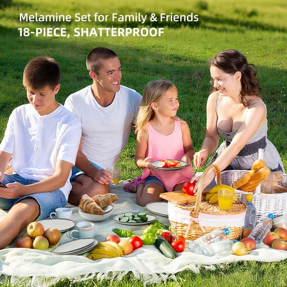 Grey Rim Vintage Melamine Dinnerware Set For 6 Outdoor Plates and Bowls Sets, Dishes Set