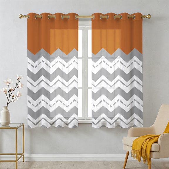 Grey Ripple Sheer Curtains 39 Inch Long 2 Panels, Grey Striped Simple Light Filtering Semi Sheer Drapes Grommet Voile Window Curtain for Living Bedroom W27.9 x L39