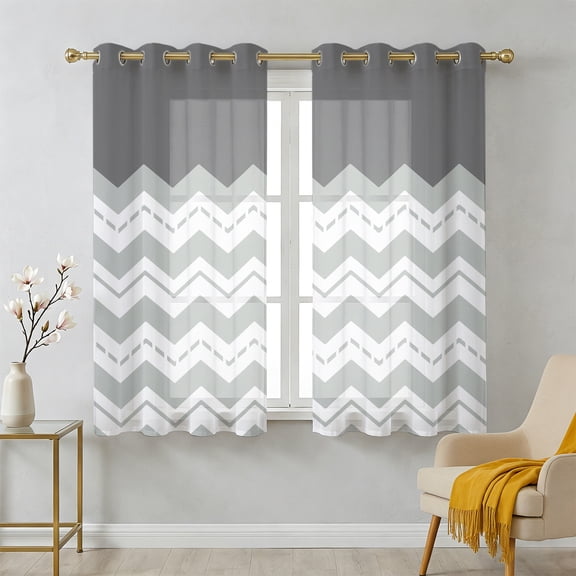 Grey Ripple Sheer Curtains 39 Inch Long 2 Panels, Grey Striped Simple Light Filtering Semi Sheer Drapes Grommet Voile Window Curtain for Living Bedroom W27.9 x L39