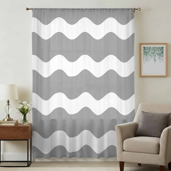 Grey Ripple Sheer Curtains 45 Inches Long, Simple Gray White Waves Aesthetics Light Filering Curtains, Breathable Simi Curtain Privacy Drapes for Kitchen Bathroom Lightweight Small Window Treatment