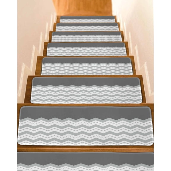 Grey Ripple Stair Treads Non Slip for Steps Grey Striped Simple 10 Pcs Reusable Adhesive Stair Runner Mats for Dogs Elders Carpet Treads Rugs for Staircase 8x30 In