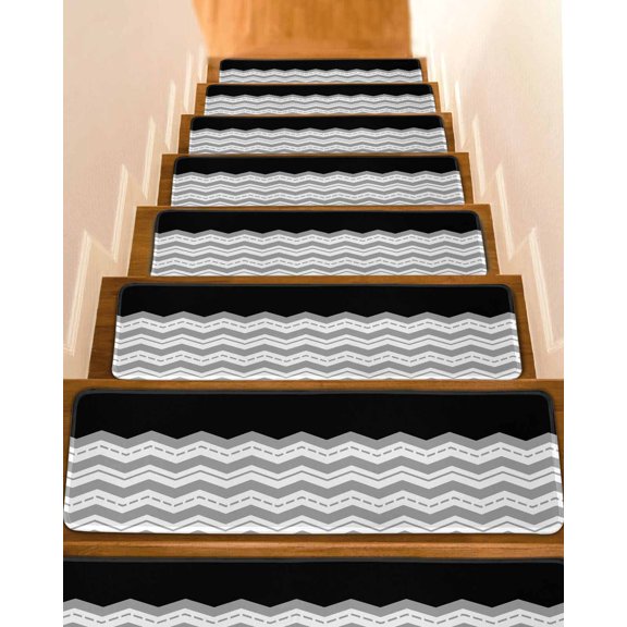 Grey Ripple Stair Treads Non Slip for Steps Grey Striped Simple 10 Pcs Reusable Adhesive Stair Runner Mats for Dogs Elders Carpet Treads Rugs for Staircase 8x30 In
