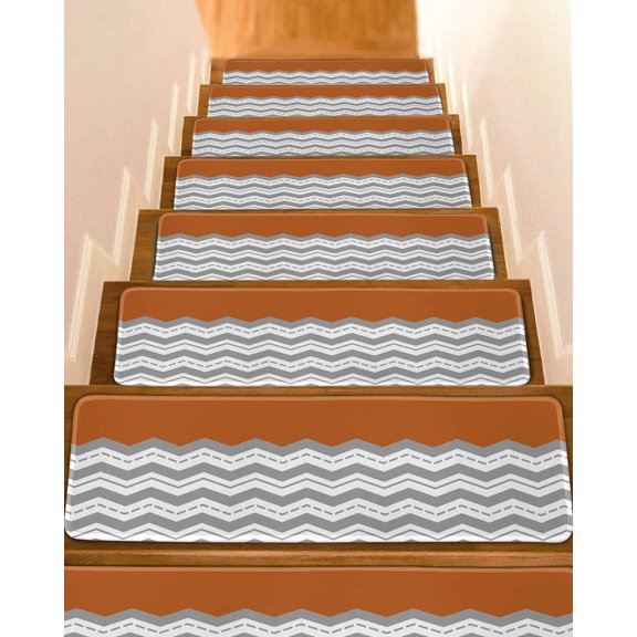 Grey Ripple Stair Treads Non Slip for Steps Grey Striped Simple 4 Pcs Reusable Adhesive Stair Runner Mats for Dogs Elders Carpet Treads Rugs for Staircase 8x30 In