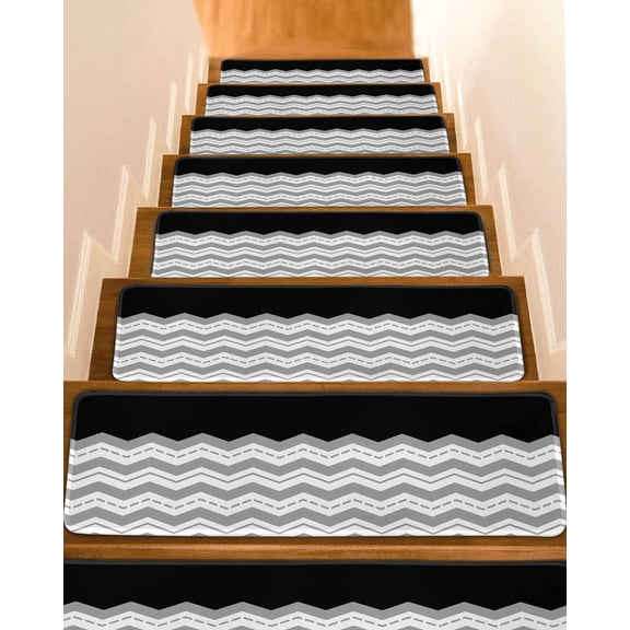 Grey Ripple Stair Treads Non Slip for Steps Grey Striped Simple 4 Pcs Reusable Adhesive Stair Runner Mats for Dogs Elders Carpet Treads Rugs for Staircase 8x30 In
