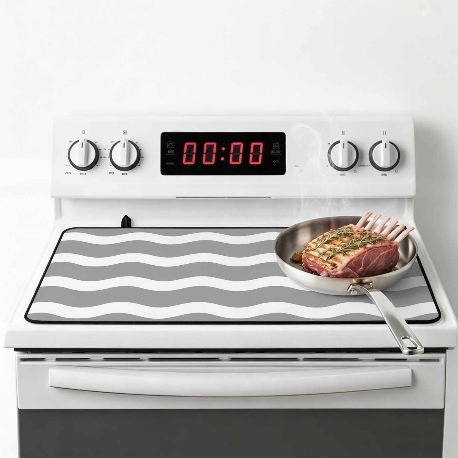 Grey Ripple Stove Top Cover for Electric Stove, Heat-proof & Non Slip Glass Top Stove Cover Protector, Simple Gray White Waves Aesthetics Kitchen Flat Cooktop Rubber Mat 24x21 Inches
