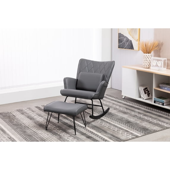 Grey Rocking Chair Glider with Ottoman and lumbar Pillow - Comfortable Nursery Rocking Chair for Living Room Bedroom
