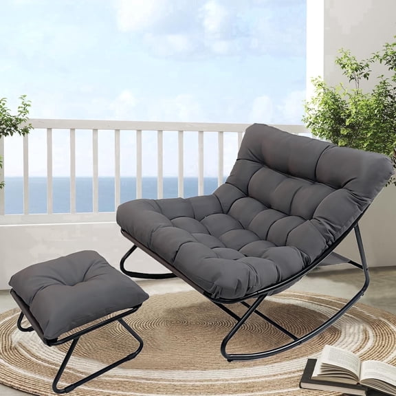 Oversized Gray PE Wicker Egg Rocking Chair with Thick Cushion & Ottoman Footrest, Indoor Outdoor Patio Lounge Rocker Chair