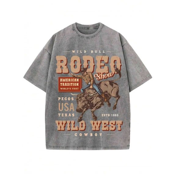 Grey Rodeo Show Graphic Tee, Wild West Cowboy Print, Oversized Washed Cotton T-Shirt