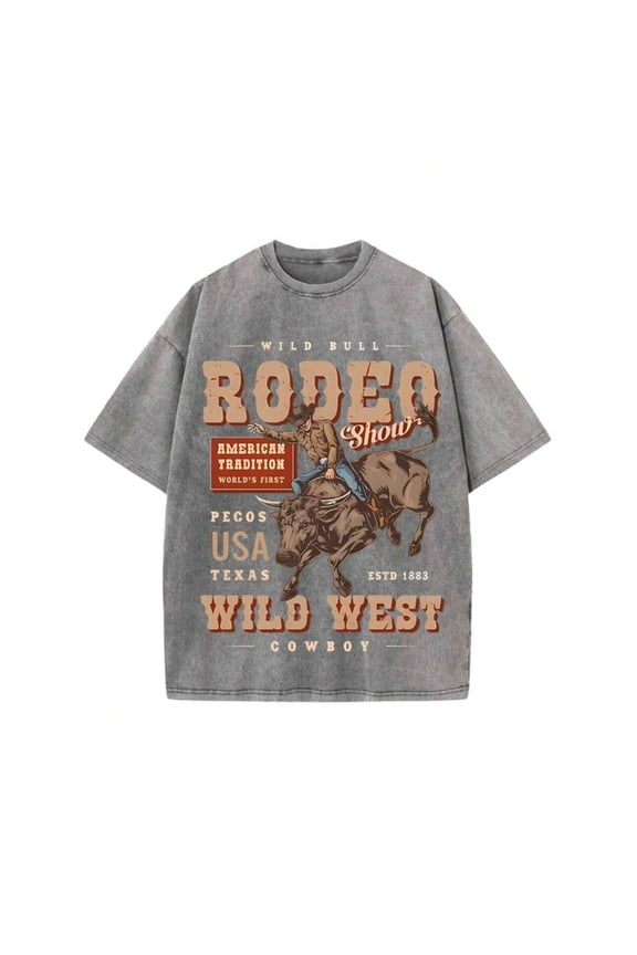 Grey Rodeo Show Graphic Tee, Wild West Cowboy Print, Oversized Washed Cotton T-Shirt