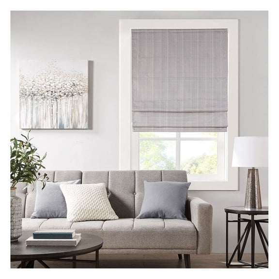 Grey Room Darkening Roman Shade, 64 Inch Length, Cordless Basketweave Window Shade for Privacy & Energy Efficiency