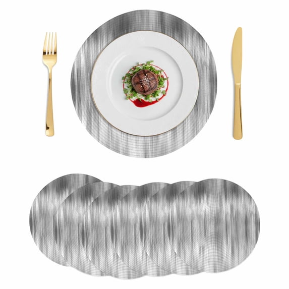 Grey Round 15 Inch Placemats Set of 6, Modern Abstract Art Ombre Striped HeatResistant Non Slip Place Mats for Dining Table, Wipeable Braided Kitchen Table Mats for Housewarming