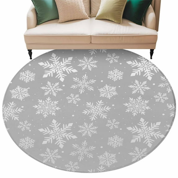 Grey and Round Area Rug 5ft White Snowflake Winter Christmas Non-Slip Washable Circle Rugs Soft Felt Indoor Floor Mat for Bedroom Kitchen Living Room Bathroom