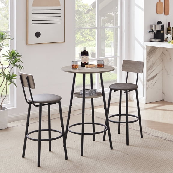 Grey Round Bar Stool Set with Shelf Upholstered Backrest Seat Particle Board Iron Frame Small Space Bar Table Chair Set