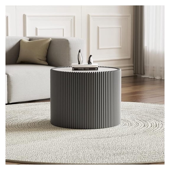 Grey Round Coffee Table, 17.71" Drum Coffee Table with Sintered Stone and Fluted PU Leather Covered and Stable Base, Circle Cocktail Tea Table for Living Room