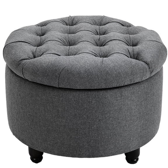 Grey Round Linen-touch Fabric - Button Tufted & Storage Function - Living Room or Bedroom Use - Comfortable Rest and Ample Storage