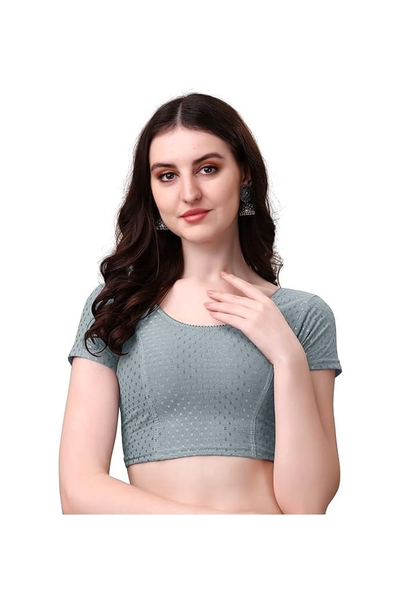 Grey Round Neck Dobby Cotton Stretchable Saree Blouse, Short Sleeve Readymade Blouse, Comfortable Fit