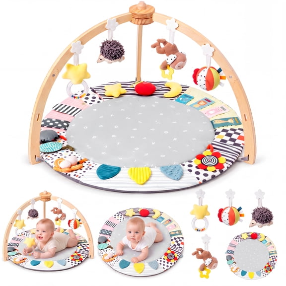 PRVAETU Wooden Baby Gym Play Mat, Foldable Tummy Time Playmat W/ 7 Detachable Toys for Infant Newborn Toddler Motor Skills Sensory Development,Grey